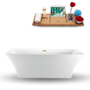 STREAMLINE BATH 71" Streamline Freestanding Soaking Acrylic Bathtub With Drain and Bamboo Tray