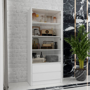 MORINOME 70.9'' H X 31.5'' W X 15.7'' D 4 Tier Glass Door Tower Display Case With 2 Drawers