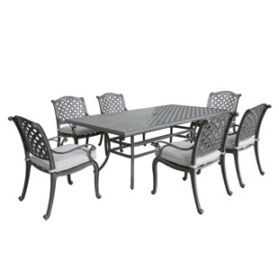 GATHERCRAFT Outdoor 7-Piece Aluminum Dining Set With Cushion, Golden Gauze