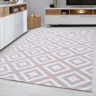 FERNLEAF Ava Geometric Machine Woven Light Pink/White Area Rug