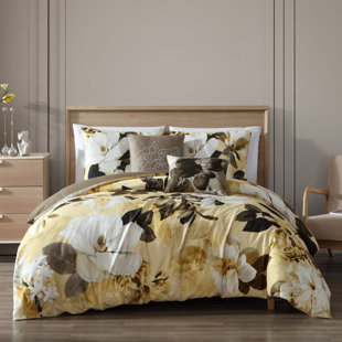 Bebejan Yellow Magnolia 100% Cotton Sateen 5 Piece Reversible Comforter Set