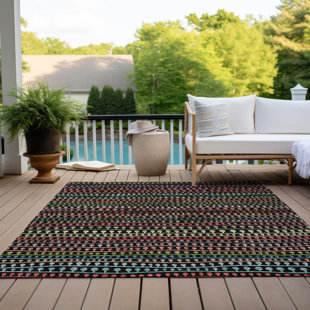 LANGLEY STREET® Lamanna Striped Machine Woven Polyester Indoor / Outdoor Area Rug in Black/Red/Green