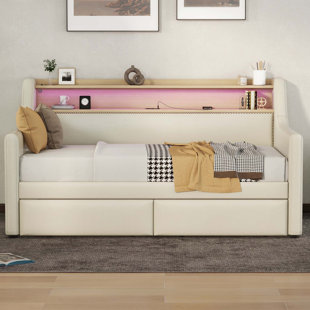 YDT FURNITURE Upholstered Linen Storage Twin Daybed with Charging Station and LED Lights