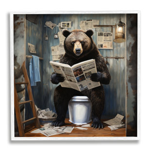 STUPELL INDUSTRIES Bear with Newspaper Bathroom Single Picture Frame Print on Canvas