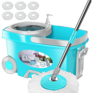 TSMINE Mop and Bucket with Wringer Set for Home,with 6 Microfiber Replacement Head Refills,61" Extended Handle, 2X Wheel