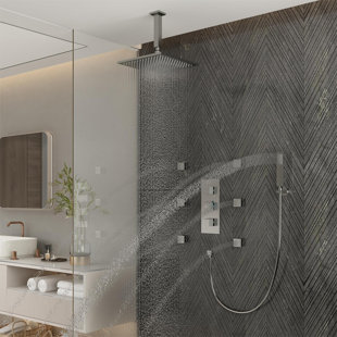 CASAINC 3-Function Luxury Ceiling Mount 12 Inch LED Thermostatic Shower System with 6 Body Jets