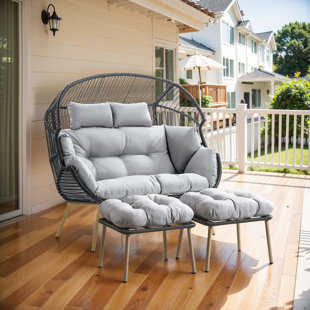DAKOTA FIELDS 2 Person Outdoor Wicker Egg Chair with Ottomans