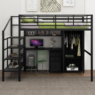 MASON & MARBLES Emrys Full Size Metal Loft Bed with Table Set and Wardrobe