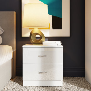 ZIPCODE DESIGN Brendle 2 Drawer Bedside Table Nightstand. High Gloss Front with Chrome Handles, Scratch Resistant.