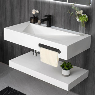 GESIPOR 40" x 19” Double Layers Floating Vanity Stone Resin Bathroom Sink Wall-Mounted Vessel Sinks