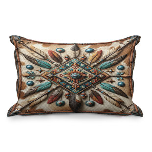 Ambesonne Rustic Quilted Pillowcase Southwestern Square Feathers, Turquoise Cocoa Redbrown