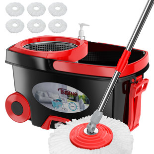 TSMINE 360 Spinning Mopping Bucket with Wringer Set for Home,with 6 Microfiber Replacement Head Refills,61" Extended Handle, 2X Wheel