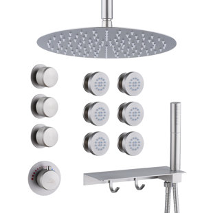 CASAINC 12 Inch Rainfall Thermostatic Shower System with Body Jets, and 3-Sprays Handheld with a Shelf