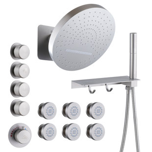 CASAINC Rainfall Thermostatic Shower System with Body Jets, 2-Sprays Shower Head and a Shelf