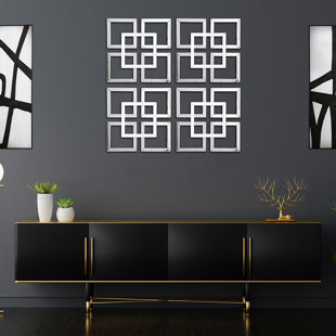 CIMC HOME Geometric Mirrored Wall Art for Living Room, 40x40cm Modern Home Decor Wall Mounted White & Clear Glass Mirror Art for Hallway & Bedroom (Set of 4)
