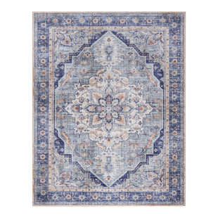 Gertmenian Crystal Print Blue Ivory Washable Digital Print Traditional Medallion Area Rug