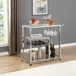 WENDEWAY Contemporary Chrome Bar Serving Cart Silver Modern Glass Metal Frame Wine Storage