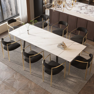 ORREN ELLIS Tanius 9 - Piece Dining Set with Sintered Stone Dining Table and 8 Fabric Chairs