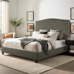 REPUBLIC DESIGN HOUSE Newport Upholstered Camelback with Nail heads Platform Bed with Solid Deck (4" Leg) Grey, King Size