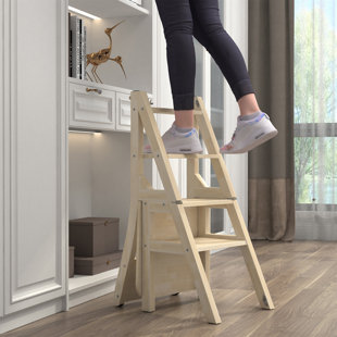 WENDEWAY Solid Wood Step Folding Ladder Chair, Multifunction Wood Folding Stool,Kitchen Library Ladder Chair