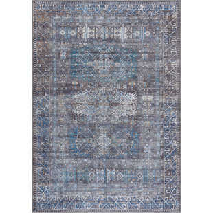 BUNGALOW ROSE Washable Non-Slip Traditional Area Rug - Slate Gray / Blue Rug for Entryway, Hallway, Bathroom, and Kitchen - Fellers