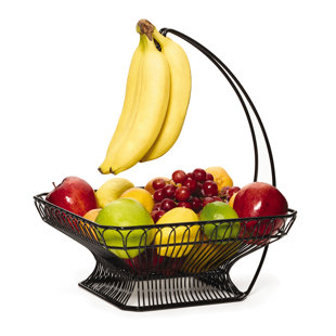 Gourmet Basics by Mikasa French Countryside Metal Fruit Basket with Banana Hook, Antique Black