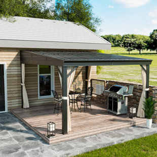 MONDAWE Dorey Patio Wall-Mounted Aluminum Gazebo with Galvanized Steel Roof, Sunroom, Curtains and Netting