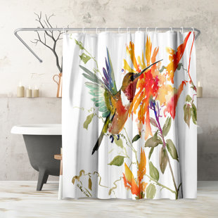 EAST URBAN HOME Floral Shower Curtain Hummingbird and Orange Flowers by Suren Nersisyan