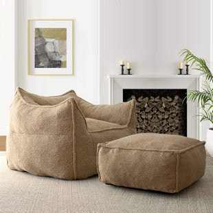 TRULE Rachelle Teddy Boucle Upholstered Bean Bag Accent Chair+Ottoman