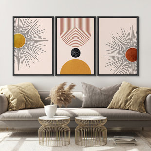 IDEA4WALL Mid Century Modern Boho Bright Nordic Abstract Living Room Framed Canvas 3 Pieces Print Wall Art