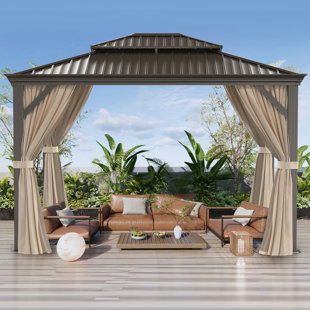 OUTOPEE Double-Top 12 Ft. W x 10 Ft. D Hardtop Patio Gazebo with Polyester Curtains and Nettings