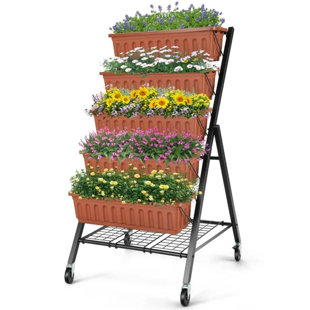 DREAMDWELL HOME 5-Tier Vertical Garden Metal Raised Garden Bed Elevated Planter Box with 4 Hooks, Removable Locking Wheels and Storage Shelf