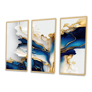 DESIGN ART Abstract Geode Gold And Blue Marble Shape III - modern 3 Piece Print on Canvas