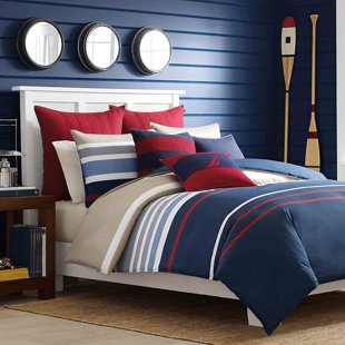 NAUTICA HOME Nautica Bradford 100% Turkish Cotton Down Duvet Cover Set, Navy Blue Multi