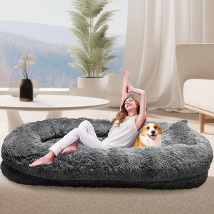 TUCKER MURPHY PET™ Large Human Dog Bed,74.8"X47.3"X13.8" Human Sized Dog Bed For People And Pets, Removable And Washable Faux Fur Giant Dog Bed For Humans With Blanket & Pillow, Dark Grey