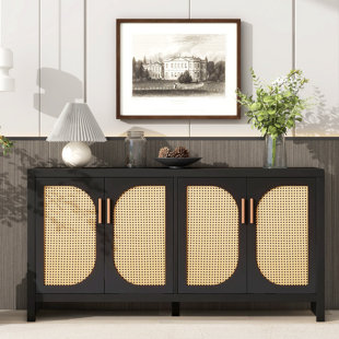 DOVECOVE 4-Door Modern Storage Cabinet Boho Living Room Storage Cabinet Buffet Sideboard With 4 Rattan Doors