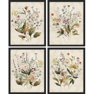 SIGNLEADER Vintage Wildflowers Bouquet Antique Botanical Floral Pictures Framed Paper 4 Pieces Print Wall Art (Set of 4)