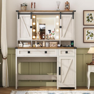 GRACIE OAKS Shiala Farmhouse Makeup Vanity Desk with Mirror