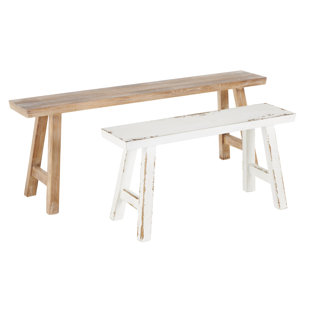 ROSALIND WHEELER Brunhild Wood Slim Distressed Brown Bench with Smaller White Bench Set