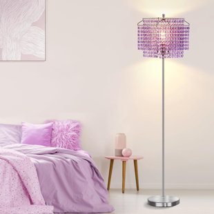 REPHEN Crystal Floor Lamp Purple With Double-Layer Lampshade, LED Floor Lamp With On/Off Foot Switch, Silver Finish Tall Pole Lamp For Living Room, Girl Bedroom, Dresser, Office