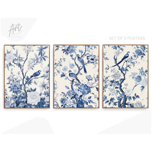 ART TERRITORY Antique Vintage Blue Chinoiserie Wall Art Prints, Set of 3 Botanical Posters or Canvases