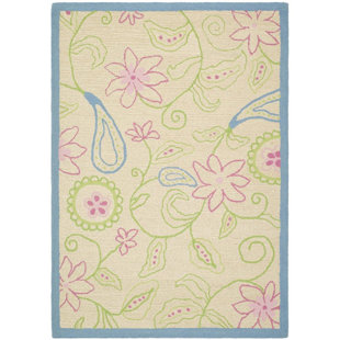 HARRIET BEE Claro Floral Handmade Tufted Ivory/Blue Area Rug