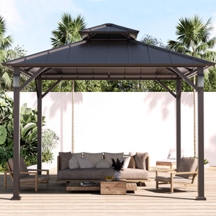 MODERN SHADE OUTDOOR LIVING SPACES Harlem 10 Ft. W x 10 Ft. D Steel Double Tier Hard Top Gazebo with LED Lights per Post