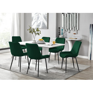 CANORA GREY Edzard Double Pedestal High Gloss Dining Table Set with 6 Luxury Velvet Dining Chairs