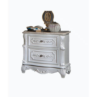 WENTY Pearl White Traditional 1Pc Nightstand Only Solid Wood 2-Drawers Round Knobs Bedside Table Genuine Marble Top On Night Stand Bedroom Furniture_29.75" H x 29.5" W x 18" D