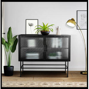 NTYUNRR Double Tampered Glass Door Storage Cabinet With Adjustable Shelf And Feet Cold-Rolled Steel Tempered Glass Sideboard Furniture For Living Room Kitchen Black Color