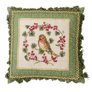 C&F HOME 16" x 16" Bird In Red Currant Petit Point Pillow