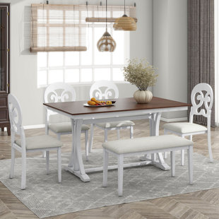 AUDIOHOME Mid-Century 6-Piece Trestle Table Set With Victorian Round Upholstered Dining Chairs And Long Bench