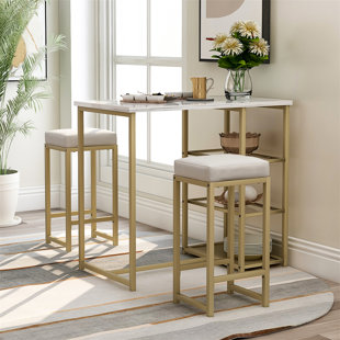 AUDIOHOME 3-Piece Modern Pub Set With Faux Marble Countertop And Bar Stools