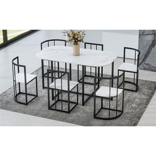 AUDIOHOME Modern 7-Piece Dining Table Set With Faux Marble Compact 55Inch Kitchen Table Set For 6